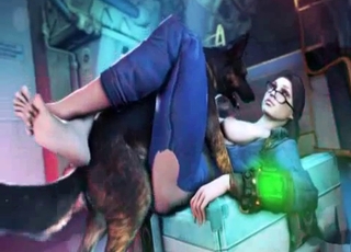 Spectacled 3D brunette licked by a dog