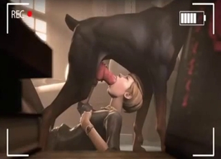 Short-haired 3D babe blows a yam-sized mutt