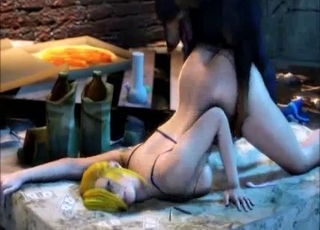 Two 3D dobermans are plowing slender chicks