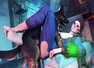 Spectacled Three dimensional brunette licked by a dog