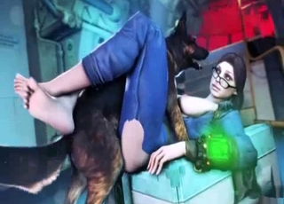 Spectacled Three dimensional brunette licked by a dog