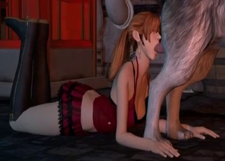 Ginger-haired chick is deep throating her horny dog