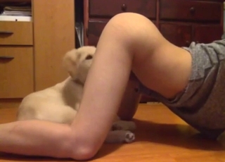 Hot lady arching her back while dog licks her