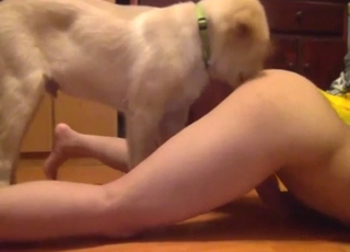 Hot lady arching her back while dog licks her