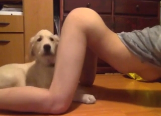 Hot lady arching her back while dog licks her
