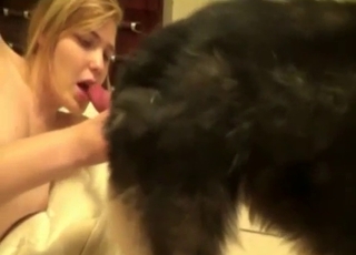 Beauty smooching and licking doggy hole