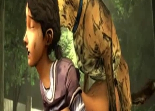 Clementine from The Ambling Dead is fucking with a dog