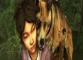Clementine from The Ambling Dead is fucking with a dog