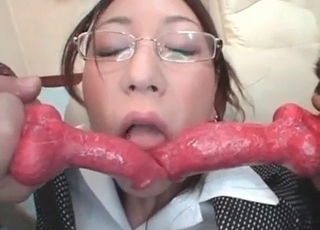 2 doggies adorably deep throated by brunette