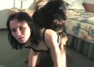 Dark-haired chick drilled by a black dog